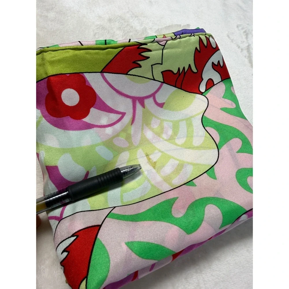 Large‎ Psychedelic Floral Silk Scarf Lime Green Pink Geometric 53x53 Made France